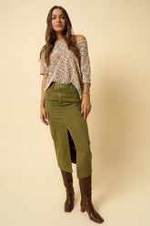 Green Denim Cargo Midi Skirt Denim Lab USA TRUE OLIVE S